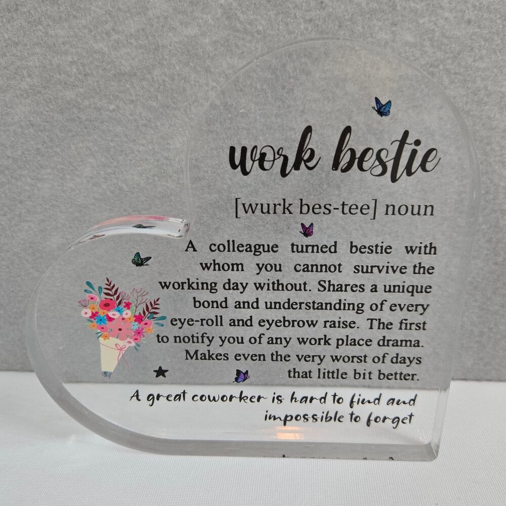 Work Bestie Coworker Friend at Work Acrylic Heart Shaped Desk Sign Plaque NEW